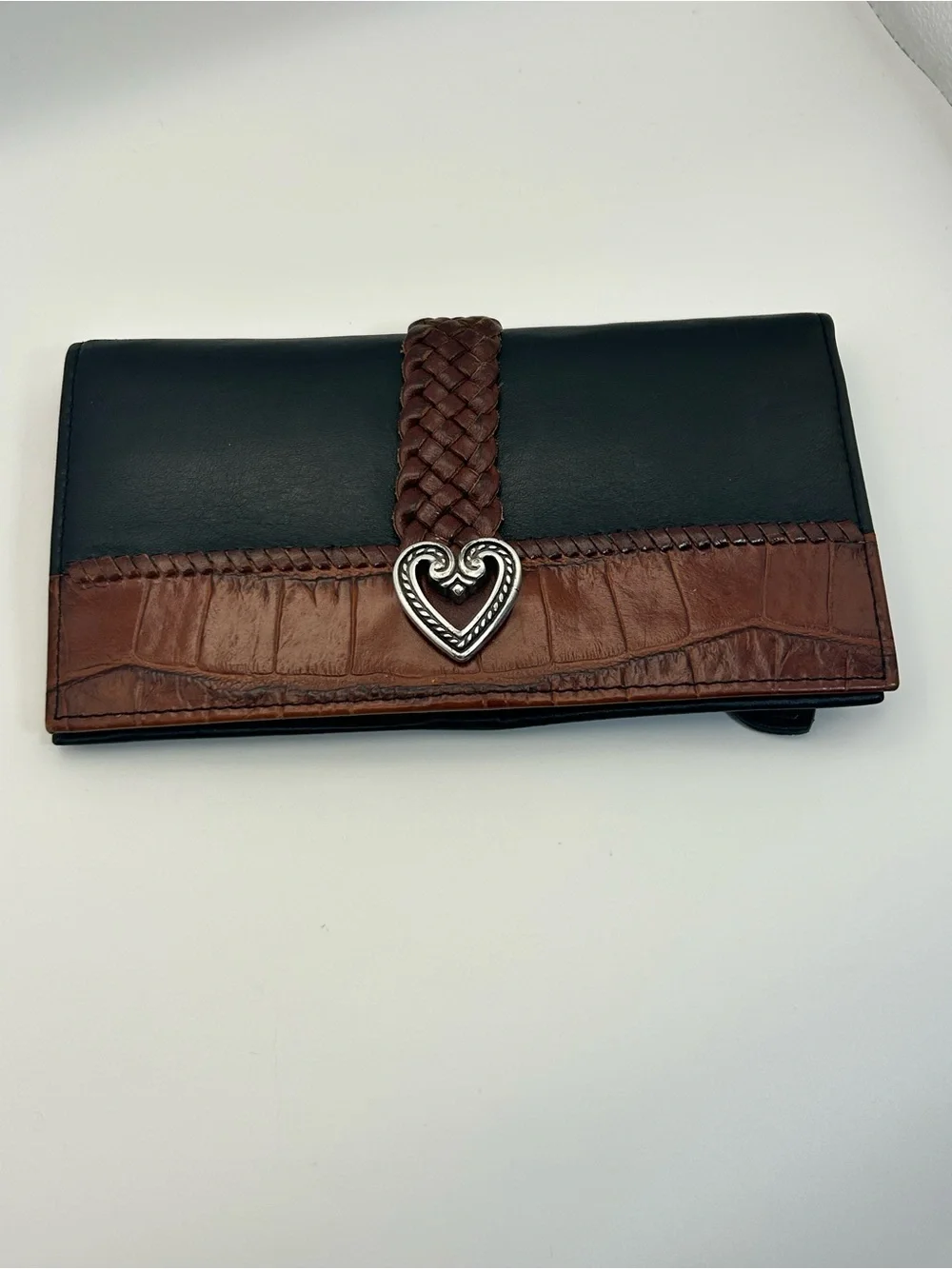 Brighton Two-tone Leather Braided Wallet Black Brown Silver Plated Heart Vintage
